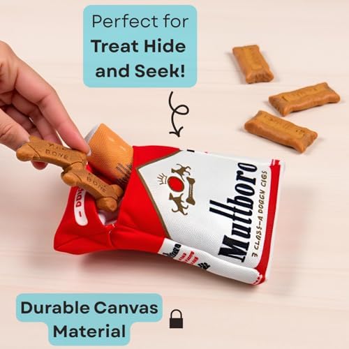 Nestpark Muttboro Doggy Cigs Funny Dog Toys - Parody Plush Squeaky Crinkle Interactive Dog Toy - Hide and Seek Treat Hiding Burrow Puzzle Toy for Stimulating Enrichment Activity