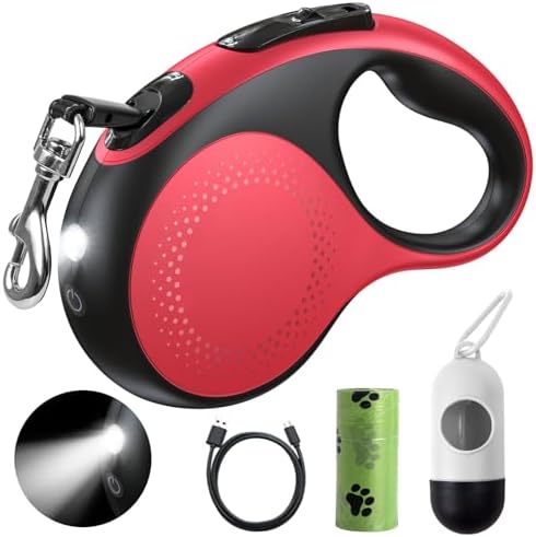Retractable Dog Leash with Led Light, Douexio 16ft Heavy Duty Dog Leash Retractable for Medium Large Dogs Up to 110lbs,360° Tangle-Free, One-Button Control, High Strength Hook (Red, 66-110lbs)