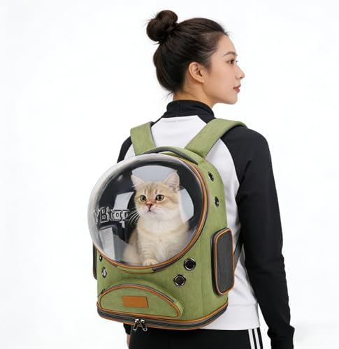 Cat Backpack Carrier, Breathable Cat Carrier Large Space Bubble Pet Backpack for Small Dog and Large cat up to 18lbs, Transparent & Foldable Pet Carrier for Travel Hiking (Green)