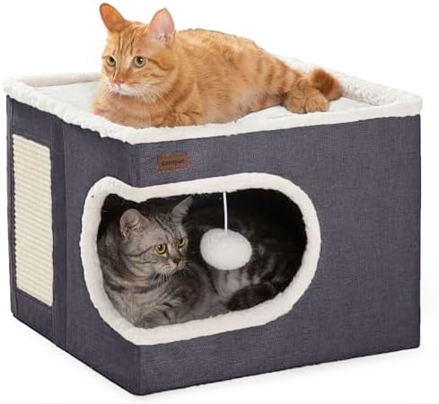 Garnpet Cat Bed for Indoor Cats Cube House, Covered Cat Cave Beds & Furniture with Scratch Pad and Hideaway Tent, Cute Modern Cat Condo for Multi Small Pet Large Kitten Kitty, Dark Grey