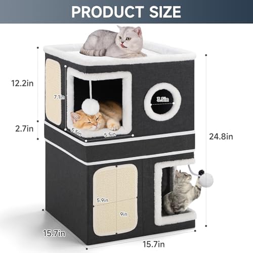 Shikha 2 Story Cat House beds for Indoor Cats with Scratch Pads Black