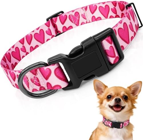 Kazazoo Dog Collar Cute and Soft Nylon Puppy Collar Girl Dogs, Adjustable Dog Collars for Extra Small Dogs, Hot Pink Heart-XS