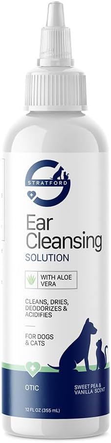 Ear Cleansing Solution - Sweet Pea Vanilla - 12oz | Ear Cleaner & Drying Solution for Dogs & Cats w/Aloe Vera to Wash Debris and Wax - Odor & Irritation Relief