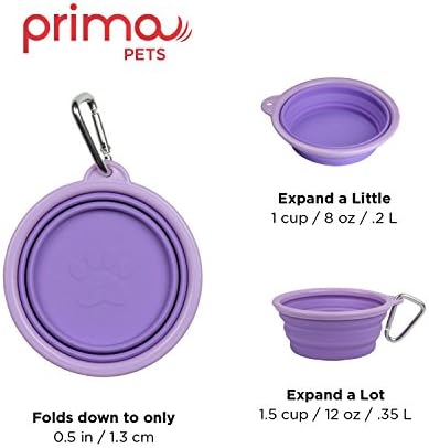 Prima Pet Collapsible Silicone Food and Water Travel Bowl with Clip for Dog and Cat, Small (1.5 Cups)