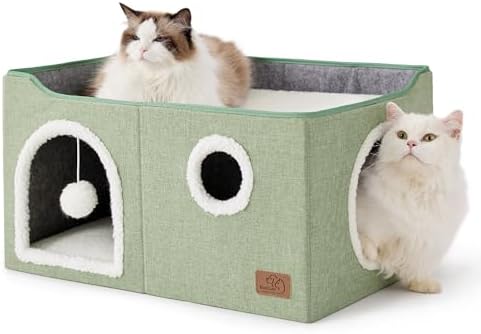 Bedsure Extra Wide Cat House Bed with Fluffy Ball and Scratch Pad,Green
