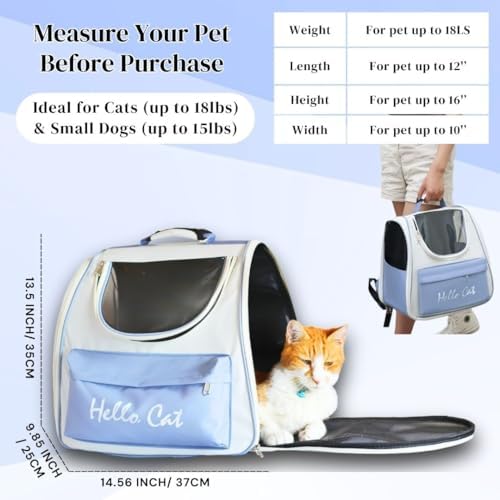 Spacious Cat Backpack Carrier, Portable Cat Carrier, Large Space for Pet, Backpack for Kitty Cat & Small Dogs up to 15lbs, Lightweight & Foldable Pet Carrier for Travel & Hiking (Ice Blue)