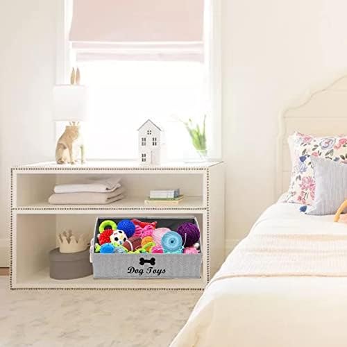 Geyecete Large Dog Toys Storage Bins-Foldable Fabric Trapezoid Organizer Boxes with Weave Rope Handle,Collapsible Basket for Shelves,Dog Apparel(Striped Gray-Dog)