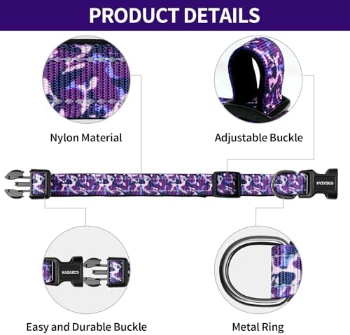 Kazazoo Medium Dog Collar, Reflective Nylon Collar,No Pull,Soft Neoprene Breathable & Quick Release Buckle Dog Collars for Bulldog,Husky,Border Collie Purple camo-M
