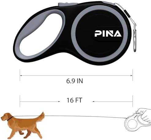 PINA Retractable Dog Leash, 16ft Dog Leash for Small Medium Dogs Up to 44lbs, 360° Tangle-Free Strong Reflective Nylon Tape, with Anti-Slip Handle, One-Handed Brake, Lock - Black Gray