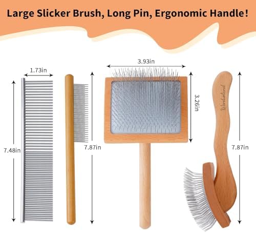 Slicker Brush for Long Haired Dogs, Wooden Ergonomic Handle