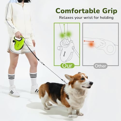 Pecute 26ft Retractable Dog Leash with Poo Bag Holder, Chew Proof Dog Leash with 360° Tangle-Free Extended, Anti-Slip Handle & Quick Brake Button, Suitable for Dogs Up to 110lbs in Weight