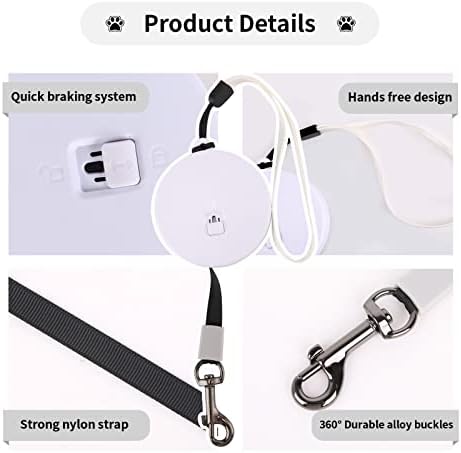 Retractable Dog Leash for Small and Medium Dogs up to 22lbs with 9.8ft Strong Nylon Tape, Hands Free, Portable and Lightweight Leash with Wrist Strap, One-Hand Brake, Tangle Free (White)