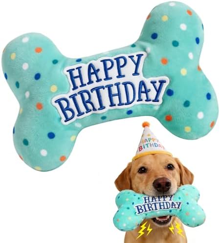 PrimePets Dog Birthday Toys, Plush Dog Squeaky Toys, Stuffed Puppy Chew Toy for Small Medium Large Dogs, Bone Pet Toy