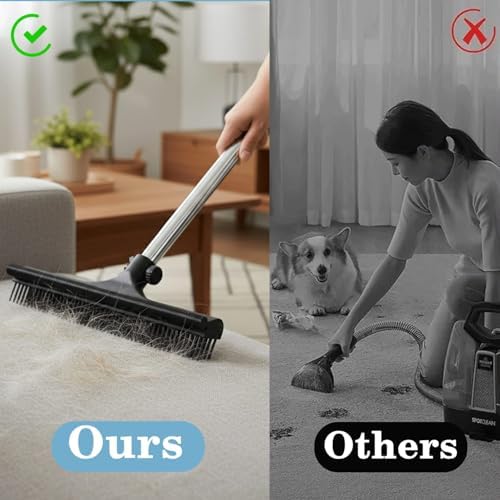 – 3 in 1 Pet Hair Removal Pro Life Carpet Rake with Adjustable Handle – Heavy Duty Dog & Cat Hair Remover for Carpet, Rug, Couch & Furniture – Reusable Lint Scraper Tool