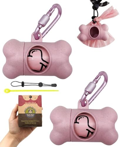 Dog Poop Pickup Bags Holder Dispenser with Standard-Sized Leak-Proof Scented Doggy Waste Bags and Carabiner with Safety Lock&Fastener Never Loose on Leash Lead Again (2 Holders 30 Bags, Pink)
