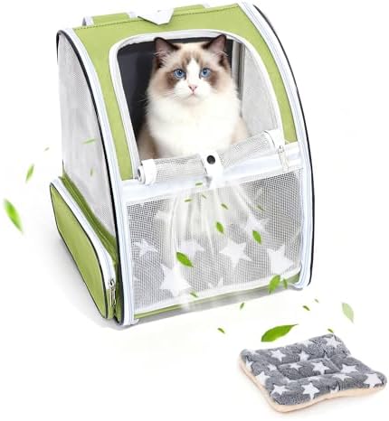 Cat Backpack Carrier with Washable Bed Mat Green Cat Carrier