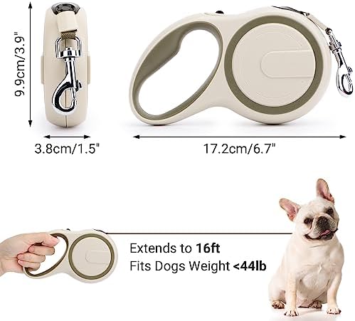 Segarty Retractable Leash Small Dog, 16ft Heavy Duty Walking Dog Leash for Medium Pet up to 44lb, Anti-Slip Handle 360°Tangle-Free Nylon Tape, One-Handed One Button Lock and Release (Khaki)