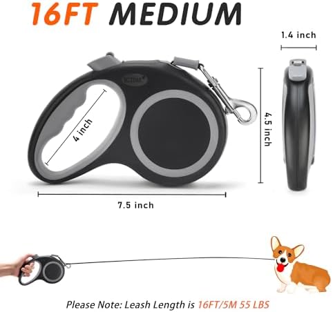 Retractable Dog Leash, 16 ft Dog Leash for Dogs up to 55 lbs, Strong Nylon Tape No Tangle, One-Handed Brake, Pause, Lock, Perfect for Small Medium Dogs; Black (Black, 16 FT (0-55 lbs))