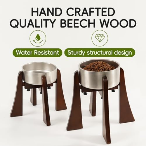 Solid Wood Elevated Dog Bowl Stand with Adjustable Width, 10-Inch Raised | Fits 6.3-7.8 Inch Dog Food & Water Bowls, Non-Slip Base, Ergonomic Design for Corgis, Beagles, Medium Breeds, Stand Only