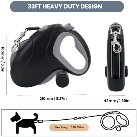 33ft Retractable Dog Leash, One-Button Control, Reflective Strips