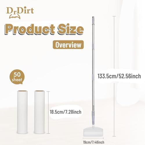 DrDirt 2-in-1 Lint Roller with Long Handle, 7.4-Inch Wide, 50 Sheets