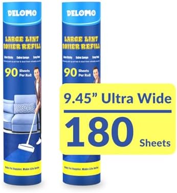 DELOMO 9.45” Large Lint Roller Refills, 2 Packs, 180 Extra Sticky Sheets