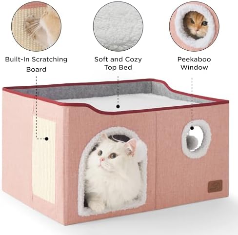 Bedsure Extra Wide Cat House Bed with Fluffy Ball and Scratch Pad,Pink