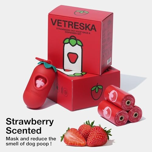 VETRESKA Dog Poop Bag Dispenser with Strawberry Scented Bags, Leak Proof, Extra Thick and Large Pet Waste Bags,1 Count Bag Holder and 405 Bags (27 Refill Rolls) for Walking Dog and Cats Litter, Red