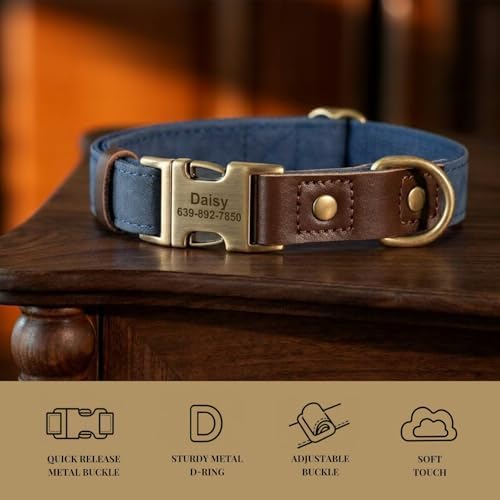 Personalized PU Leather Dog Collars, Quick Release Buckle, Blue,M