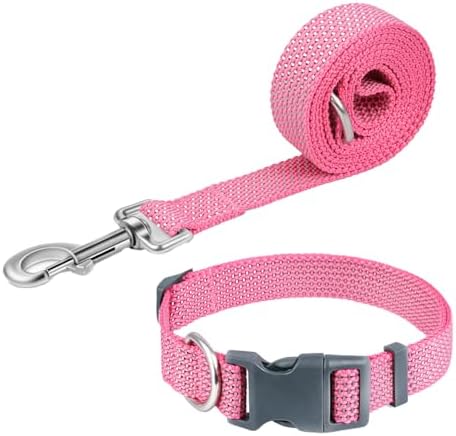 Reflective Dog Collar and Leash Set, Nylon Dog Leash with Heavy-Duty Steel D-Ring, Adjustable with Quick Release Buckle for Small Dogs, Pink S