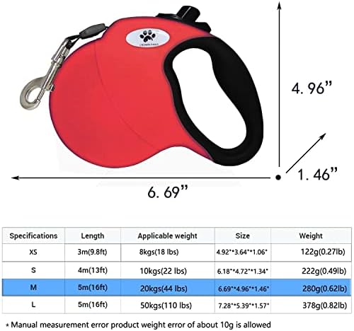 16 ft Retractable Dog Leash for Large Dogs up to 44 lbs,Tangle-Free Nylon Tape,Red Dan M
