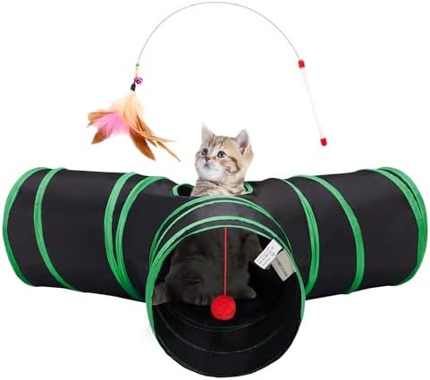 Tempcore Cat Tunnel, 3-Way Collapsible Toy for Indoor Cats, Black & Green