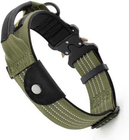 Plutus Pet Tactical Dog Collar with Pocket for AirTag, Ranger Green, L