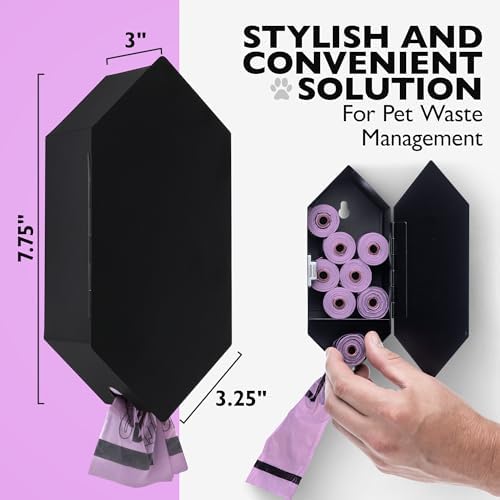 Dog Poop Bag Dispenser, Stainless-Steel and Powdercoated Black with Magnetic Door Latch, Indoor and Outdoor Rated, (Holds 8-9 Rolls-Not Included), 7.75" x 3.25", Black