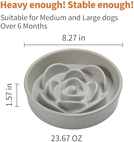 Grey Ceramic Dog Bowl Slow Feeder for Medium and Large Breed,1.5 Cup 8.26 in Slow Feeding Bowl,Puzzle Dog Food Bowl for Fast Eater,Maze Dish for Fast Eater