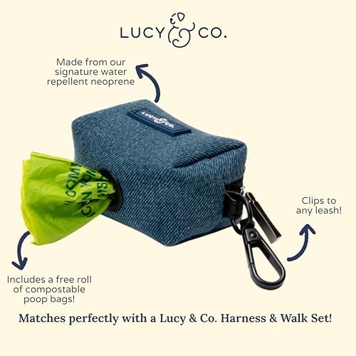 Lucy & Co. Blue Jeans Dog Poop Bag Holder and Dispenser, Clips to Leash, Water-Repellent Neoprene, Includes Refill Roll