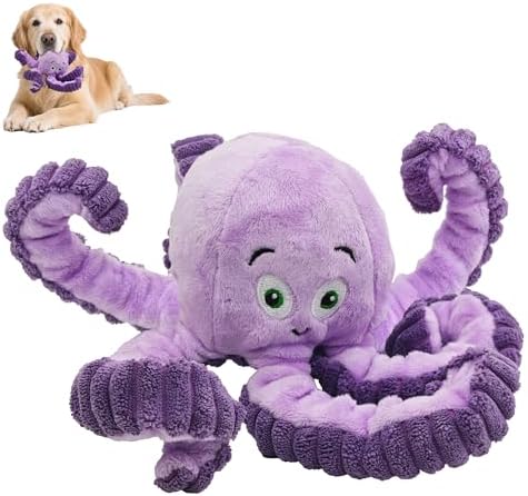 Squeaky Dog Toys, Stuffed Large Dog Toys to Keep Them Busy, Interactive Plush Chew Toys with Crinkle Paper, Tough Pet Animal Toys for Small Medium Large (Purple Octopus)