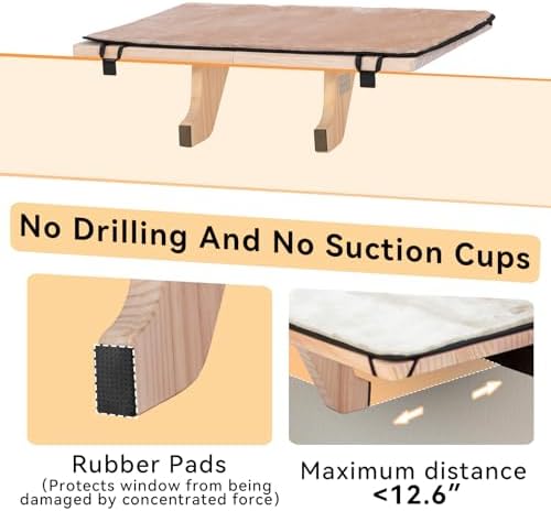PETSFIT Cat Window Perch for 2 Cats, Adjustable, Solid Wood, Removable Mat