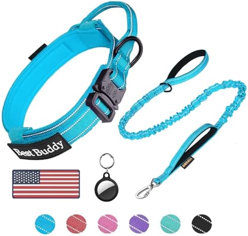 AUBELL Reflective Tactical Heavy Duty Dog Leash and Collar Set,Blue M