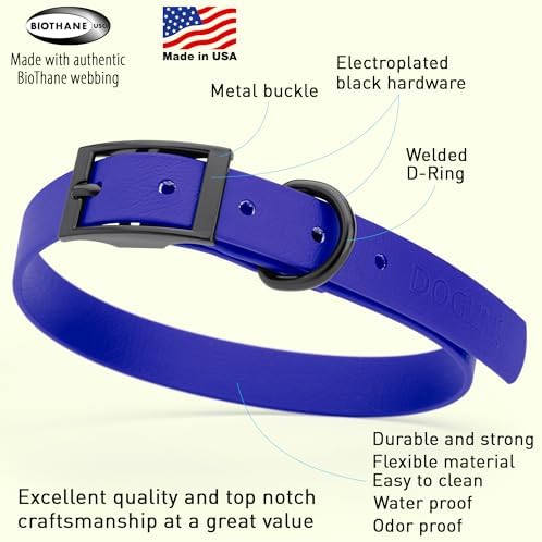 Dogline Biothane Waterproof Dog Collar Strong Coated Nylon Webbing with Black Hardware Odor- Proof for Easy Care Easy to Clean High Performance Fits Small Medium or Large Dogs, Blueberry Royal