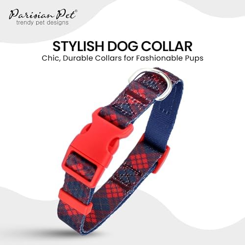 Parisian Pet Plaid Dog Collar - Adjustable Scottish Red Pet Collar with Secure Buckle and Metal D-Ring - Comfortable Designer Puppy Collars - Durable Nylon Checkered Dog Collars for Medium Dogs
