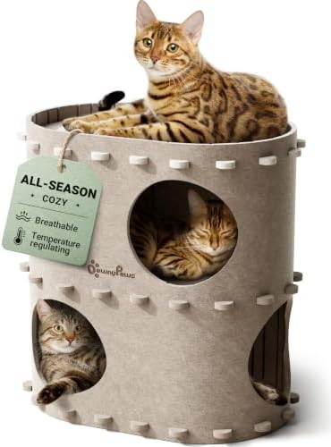 DownyPaws Cat House for Indoor Cats, 2-Storey Cat Bed Cave, Cream