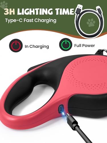 Retractable Dog Leash with Led Light, Douexio 16ft Heavy Duty Dog Leash Retractable for Medium Large Dogs Up to 110lbs,360° Tangle-Free, One-Button Control, High Strength Hook (Red, 66-110lbs)