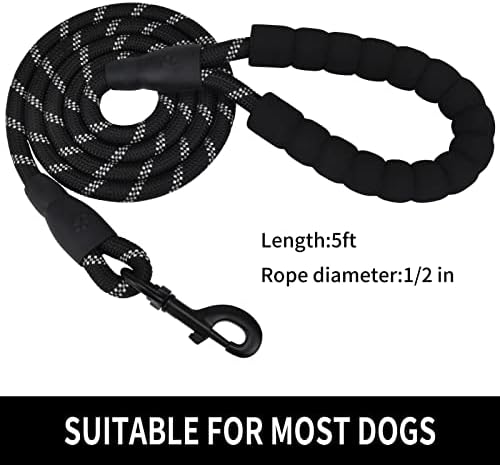 5FT Reflective Dog Leash with Padded Handle for All Dog Sizes.Black