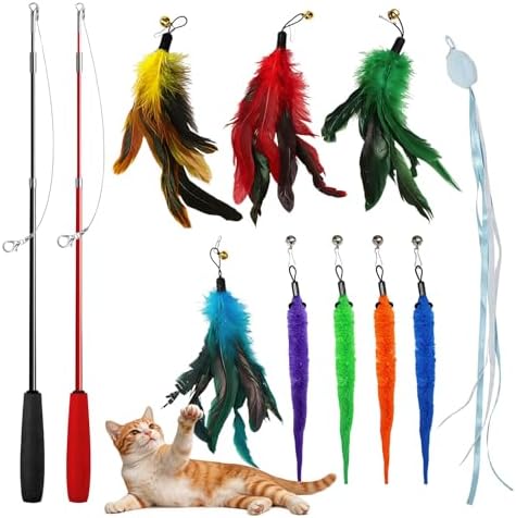 Cat Toys Interactive Feather Teaser Wand Set, Retractable Cat Fishing Pole Toy with Assorted Replaceable Attachments & Bells, Fun Hunting Exercise Toys (11 Pack)