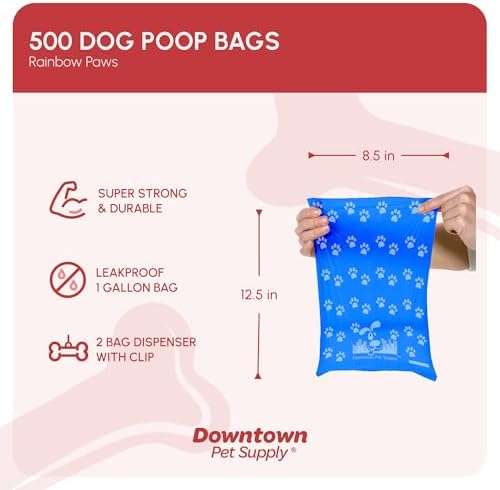 Downtown Pet Supply Poop Bags for Dogs with Dispenser, 500 Count - Leak-Proof Dog Waste Bags and Bone-Shaped Dog Poop Bags Holder for Leash - Rainbow with Paw Prints, 12.5" x 8.5"