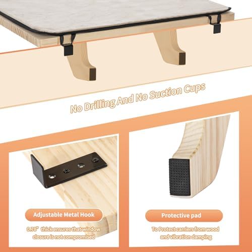 PETSFIT Cat Window Perch, Solid Wood, Fleece Mat, Windowsill Bedside Drawer