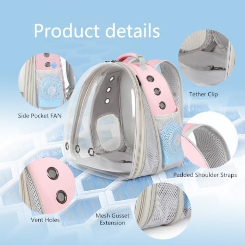 Cat Backpack Carrier with Fan, Space Capsule Astronaut Clear Bubble Front Extension to Carry Transport Cat Small Puppy Bunny, 20 Pounds Cat Bookbag (Pink, Gen 1 + Fan)