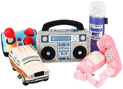 P.L.A.Y. Cute Plush Dog Toys - 1980s Classics Themed Durable Squeaker Crinkle Chew Toys, Great for Puppies & Small, Medium, Large Dogs - Machine Washable, Recycled Materials (5 Piece Set)