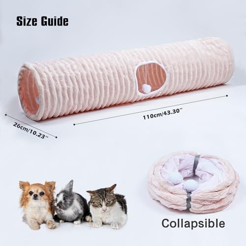 FORMYCATIE Luxurious Cat Tunnel,43" Straight Cat Tunnel Toys with Balls for Indoor,Collapsible Peekaboo Cave for Kitten（Pink Stripe）
